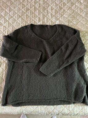 Eileen Fisher Dark Charcoal Green V-Neck Knit Sweater